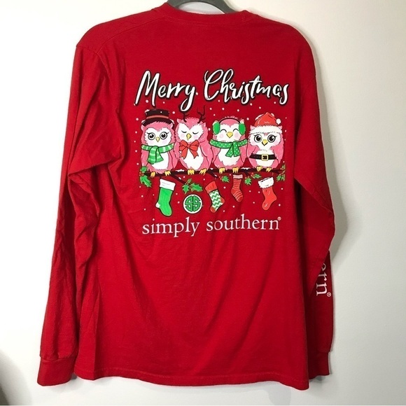 Simply Southern Merry Christmas Owls Graphic Back Long Sleeve Crewneck Top M - Picture 1 of 10